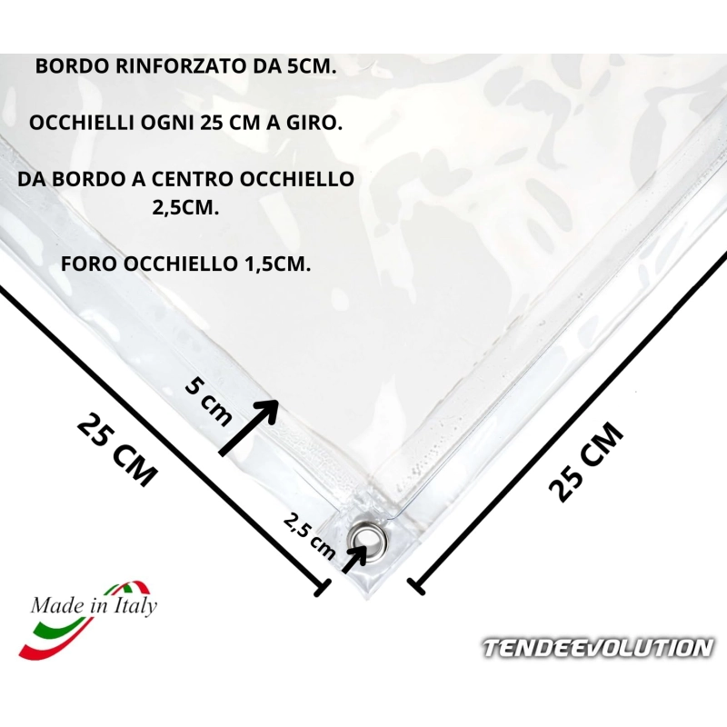 Telo PVC Trasparente 1,3x5m, 0,50mm Spessore, 650g/m² - Telo Cristal con Occhielli Ogni 25cm - Anti-UV, Impermeabile - Qualità Made in Italy