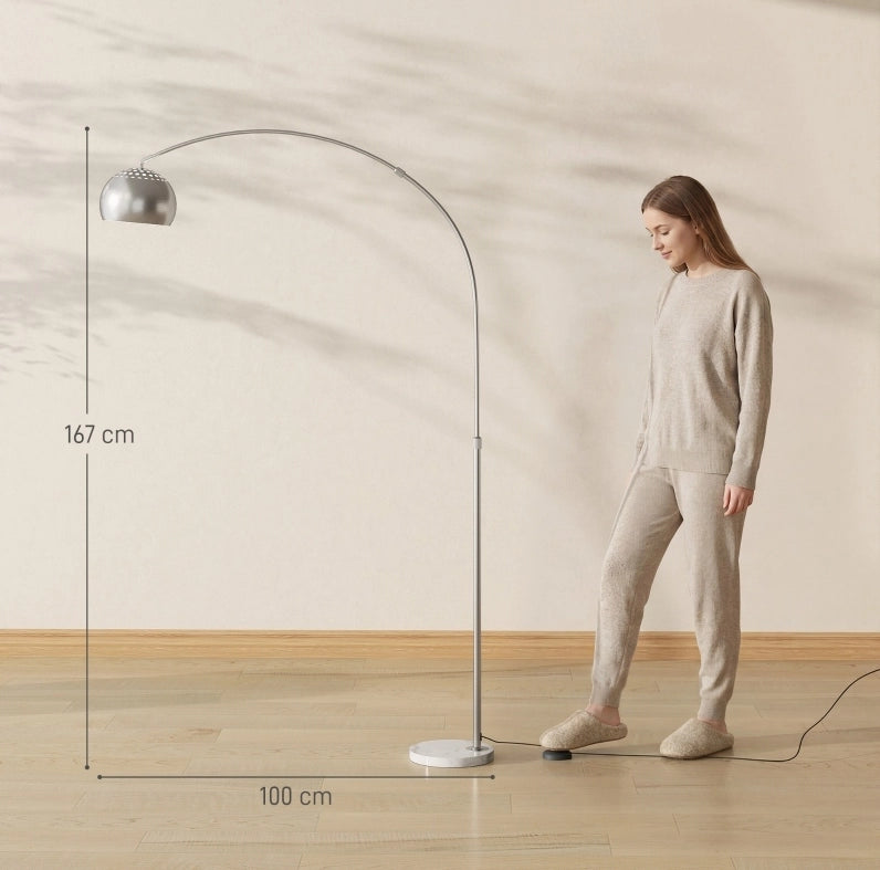 Lampada da terra ad arco 100 x 167 cm in metallo argento con base in marmo