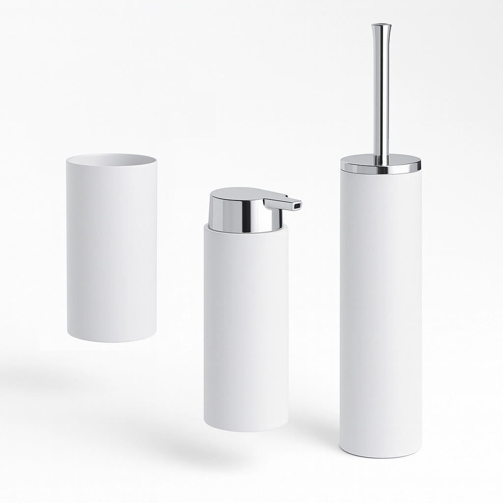 kit Accessori Bagno 3 pezzi Plastica Abs Bianco Silver Design Moderno Resistente