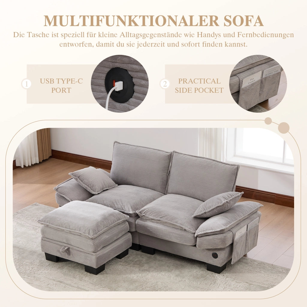 Divano lineare 2 posti con pouf contenitore e USB-C; in corduroy grigio chiaro