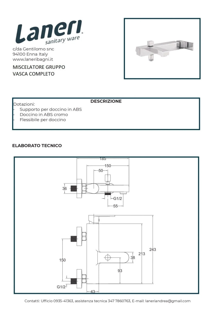 Set Rubinetteria Per Bagno da design squadrata moderna con piletta click clack inclusa -  GRUPPO VASCA  MISCELATORE COMPLETO