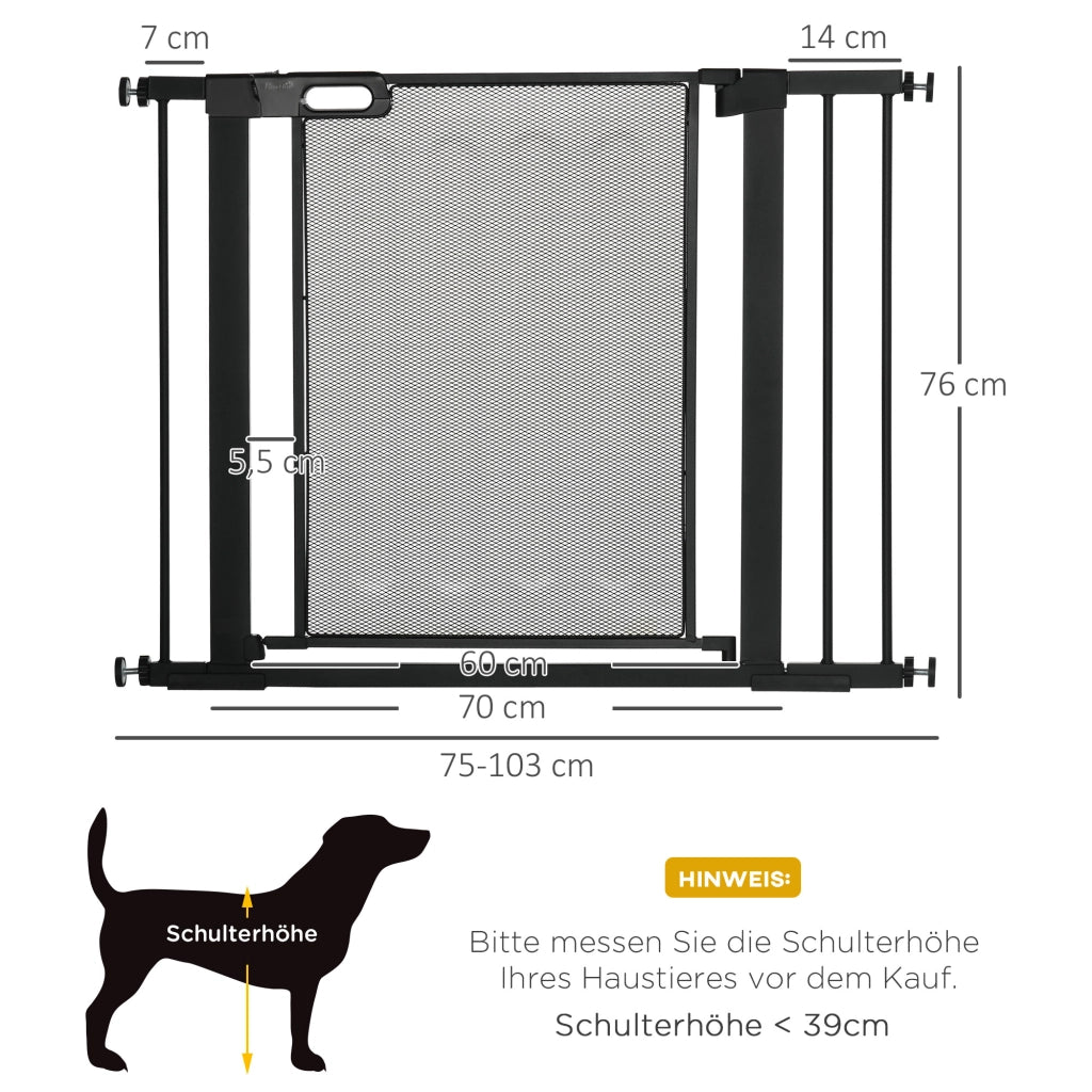 Cancelletto di sicurezza per cani in acciaio nero larghezza regolabile 75-103 cm con chiusura automatica bidirezionale