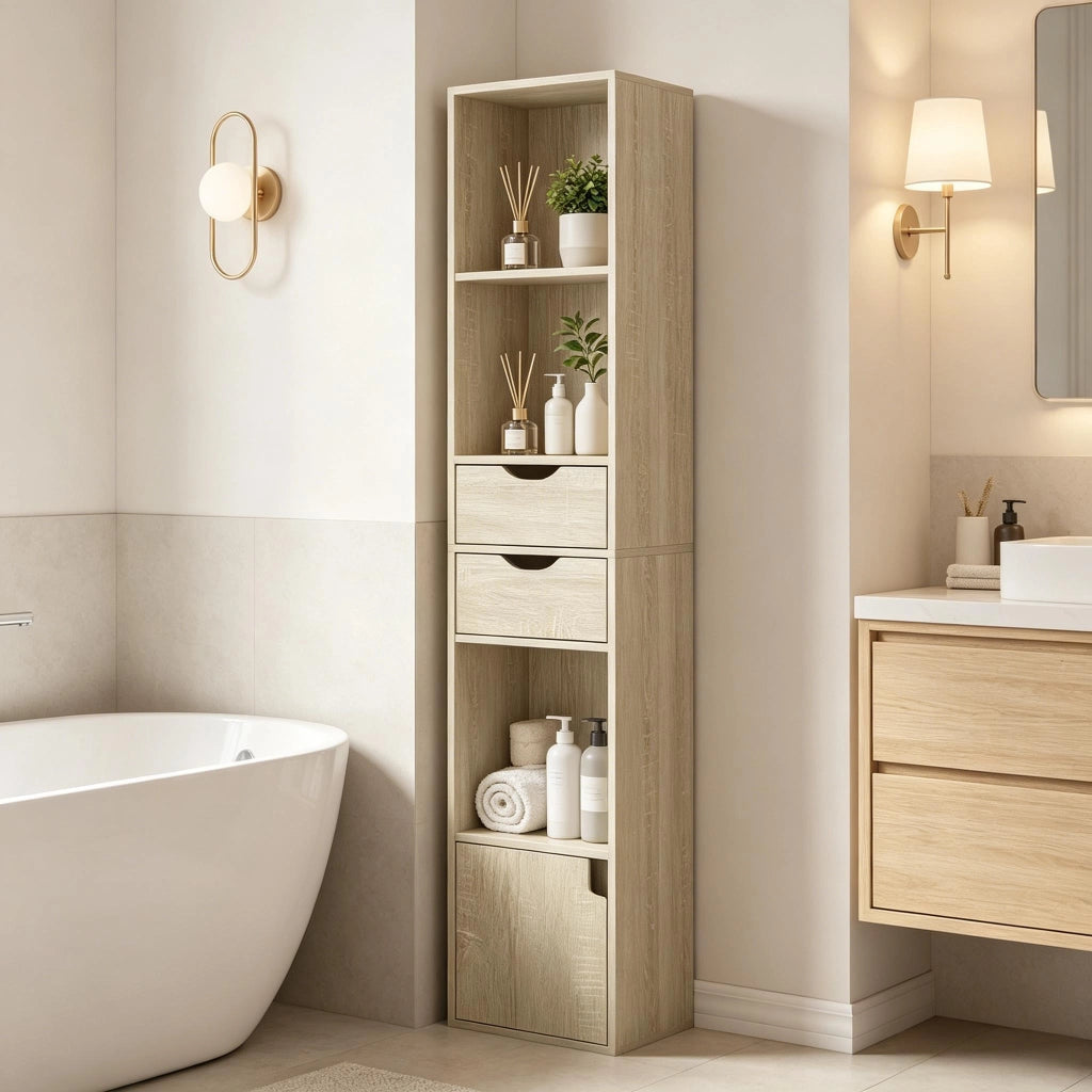 Libreria stretta con 3 nicchie, 2 cassetti e anta, ripiani regolabili, per soggiorno, rovere chiaro, 30 × 24 × 157,5 cm