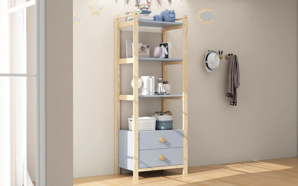 Libreria a 4 livelli con 2 cassetti, struttura in pino e maniglie in legno massello, blu e naturale, 70×44×180 cm