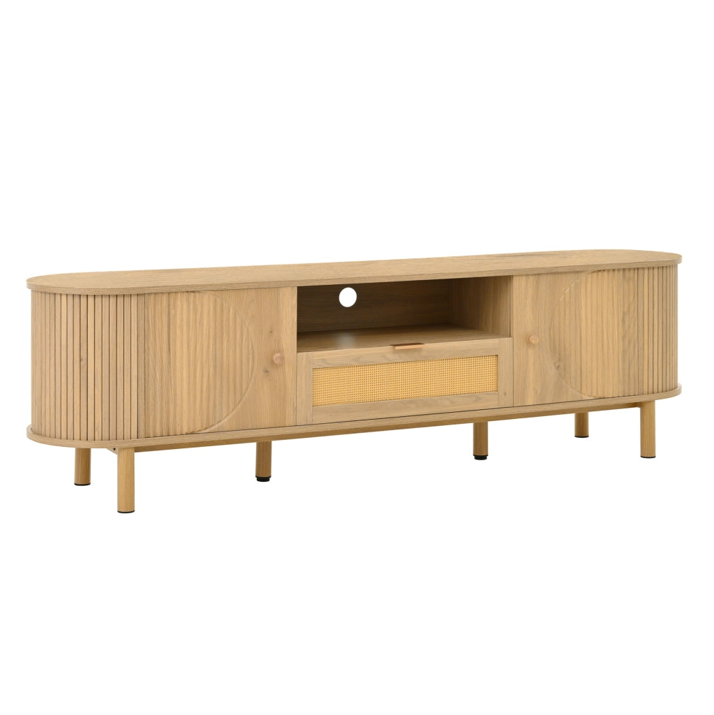 Mobile TV 175x36x51 cm con cassetto in rattan; 2 ante; passacavi; MDF e gambe in metallo; naturale