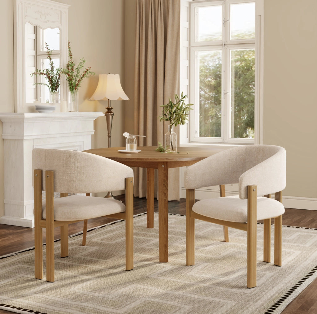 Set 4 sedie da pranzo con braccioli in metallo effetto legno e lino beige HOMVRA