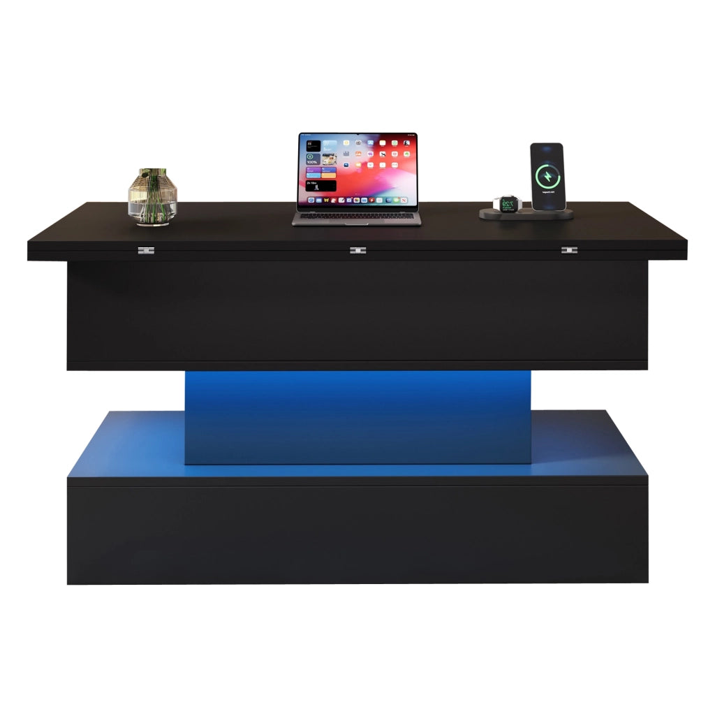 Tavolino da salotto sollevabile 100x50x51;5 cm con LED; presa integrata e spazio contenitore; nero