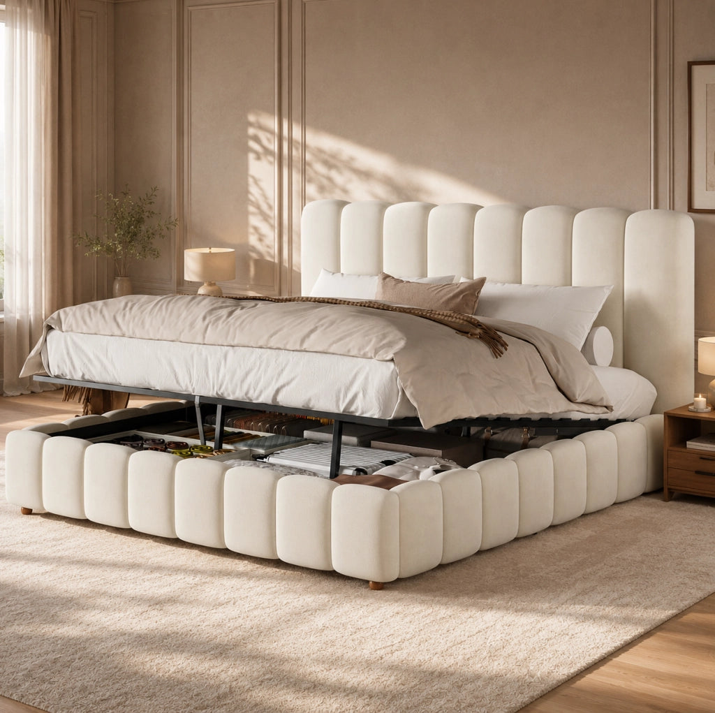 Letto matrimoniale imbottito ULEVR 180x200 cm con contenitore idraulico e rete a doghe, velluto beige