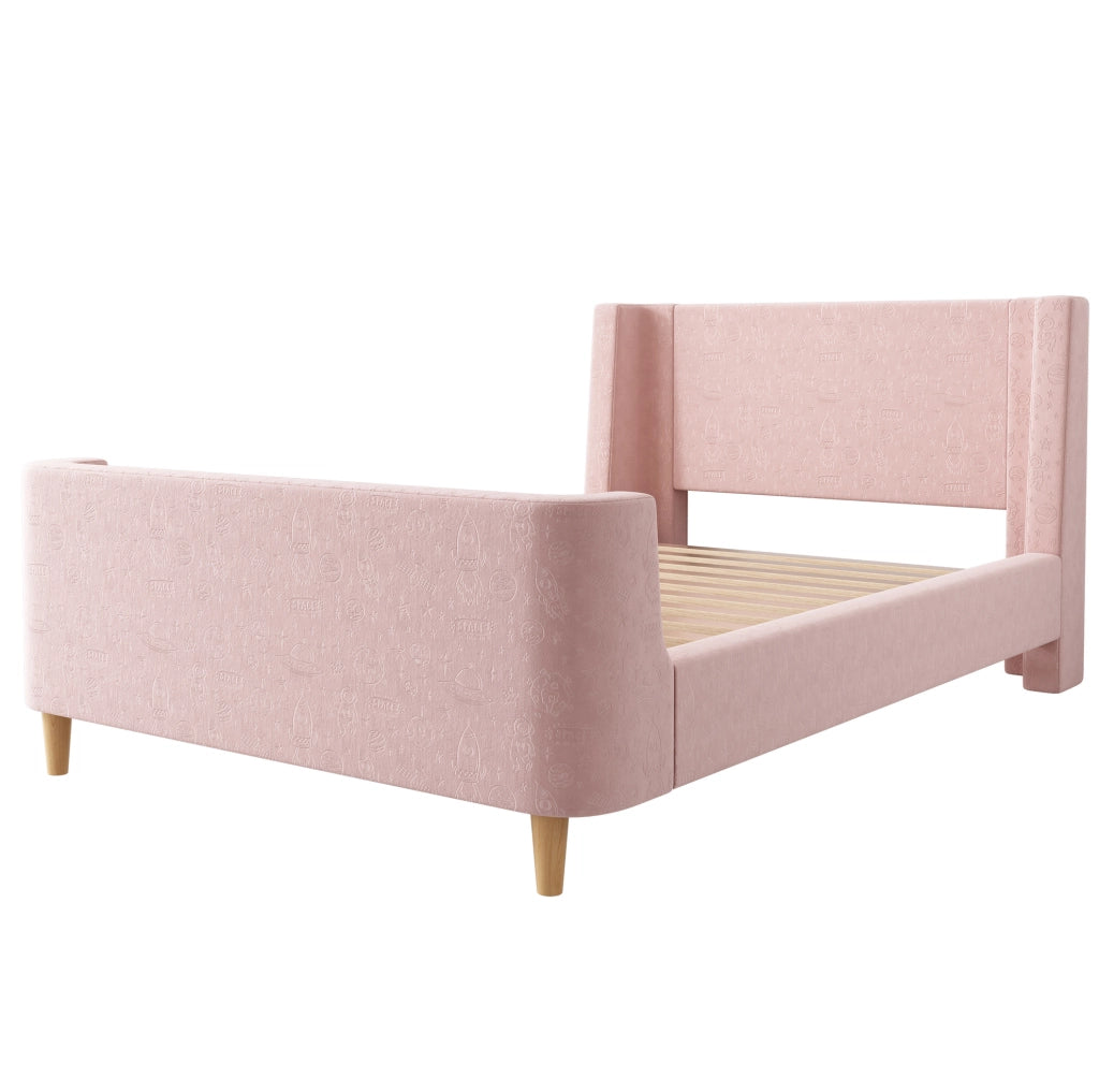 Letto per bambini 90x200 cm a slitta in velluto rosa con doghe in legno massello