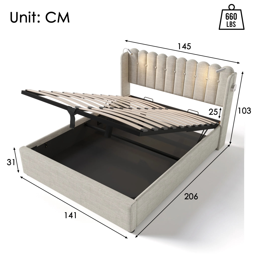 LETTO Contenitore 140x200 cm in lino naturale con luce lettura e USB