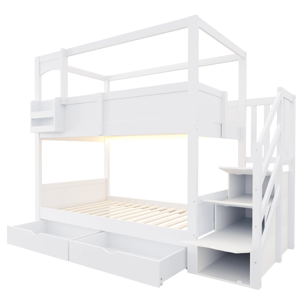 Letto a castello per bambini 90x200 cm in legno con scala contenitore; cassetti e lavagna bianco HOMVRA