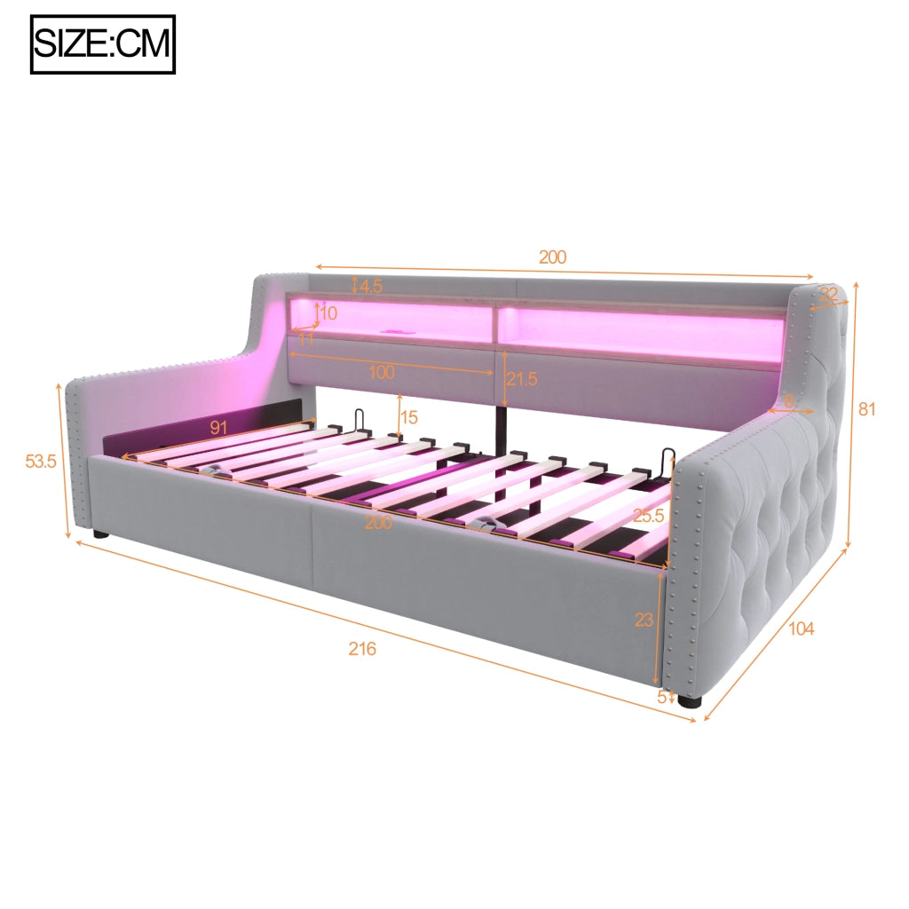 Divano letto 90 × 200 cm con contenitore idraulico LED presa USB Type-C in velluto grigio chiaro