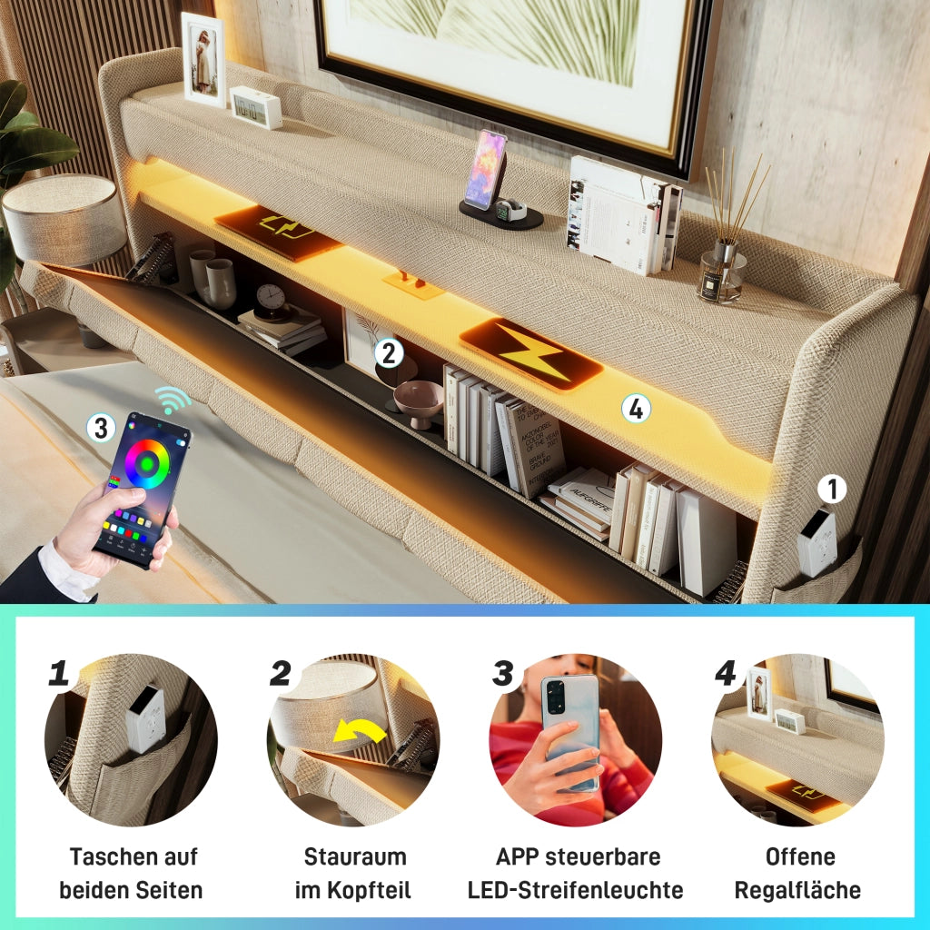 Letto Contenitore Matrimoniale Imbottito 140x200 cm con Sollevamento Idraulico; LED; USB; USB-C; Beige
