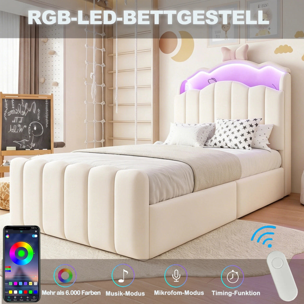 Letto contenitore 90 × 200 cm imbottito con testiera a fiocco LED porte USB e USB-C rivestito in velluto beige