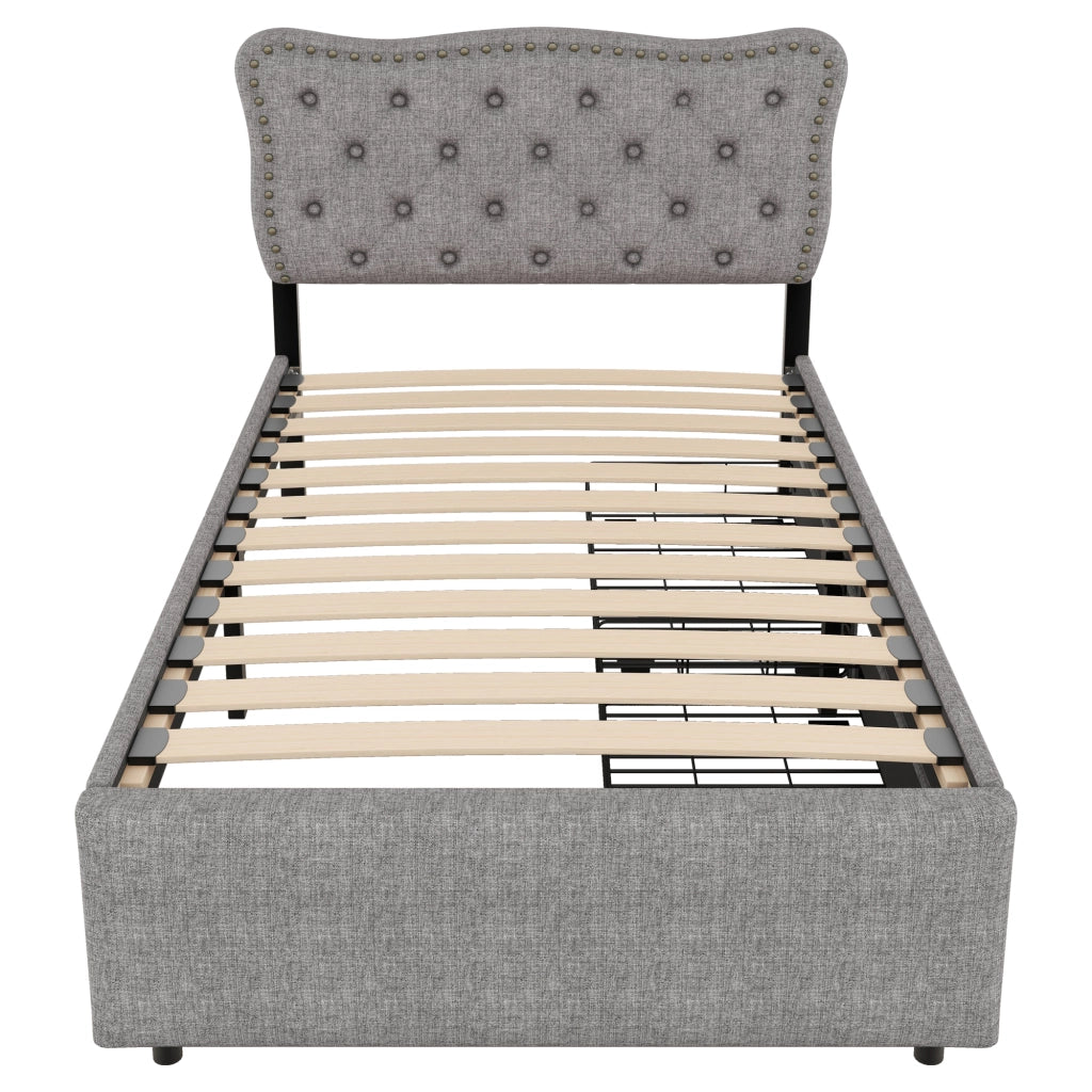 LETTO imbottito 90x200 cm con 2 cassetti in MDF e lino grigio