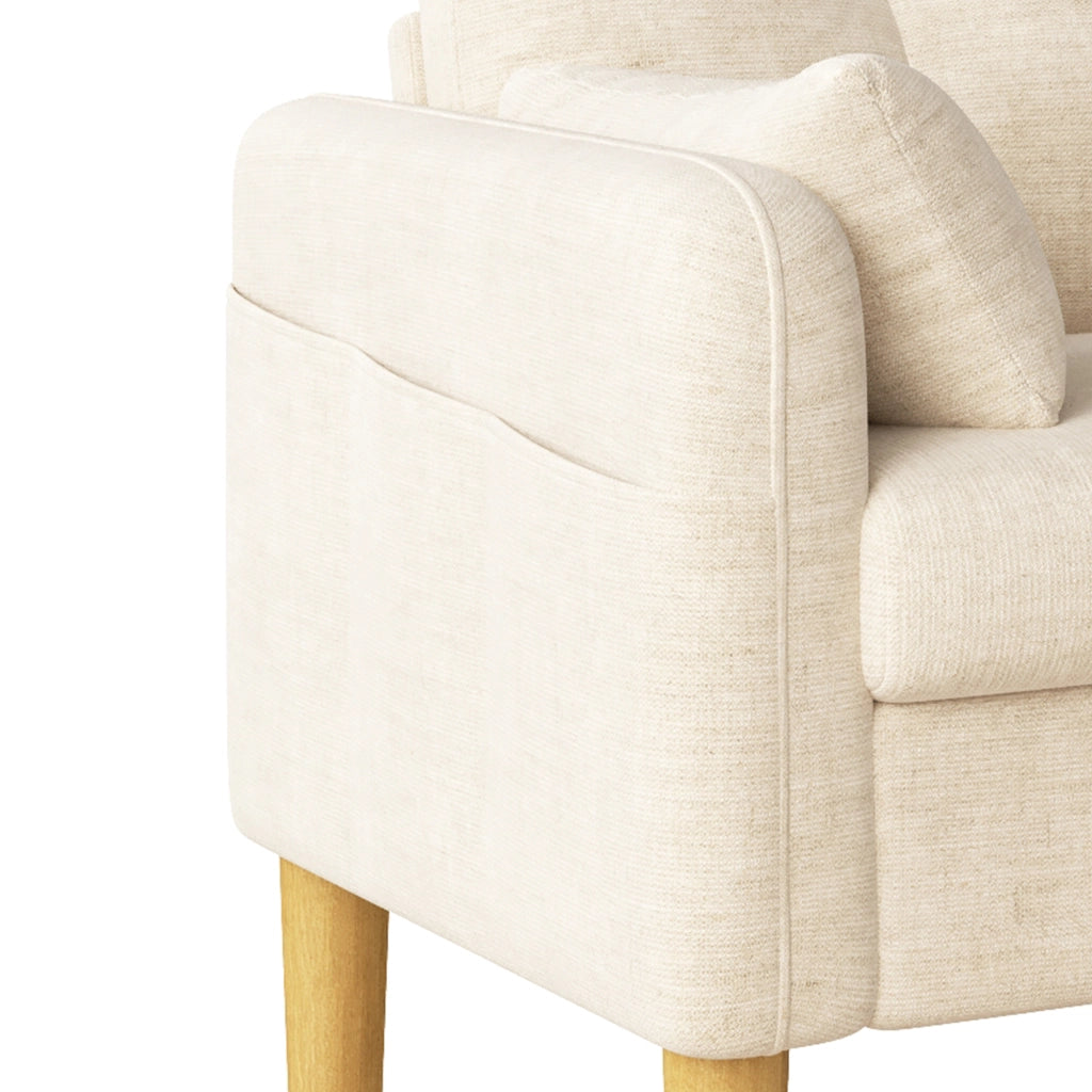 Divano 2 posti 119x78x85 cm in ciniglia beige con 2 cuscini e tasca laterale