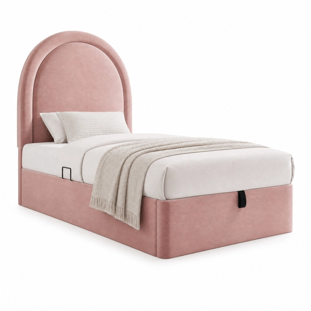 Letto imbottito 90x190 cm con vano contenitore e rivestimento in velluto rosa