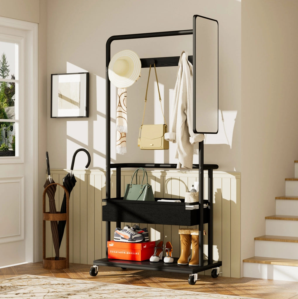 Appendiabiti multifunzione 3 in 1 con specchio; ruote e ripiano inferiore; 70x40x170 cm; nero