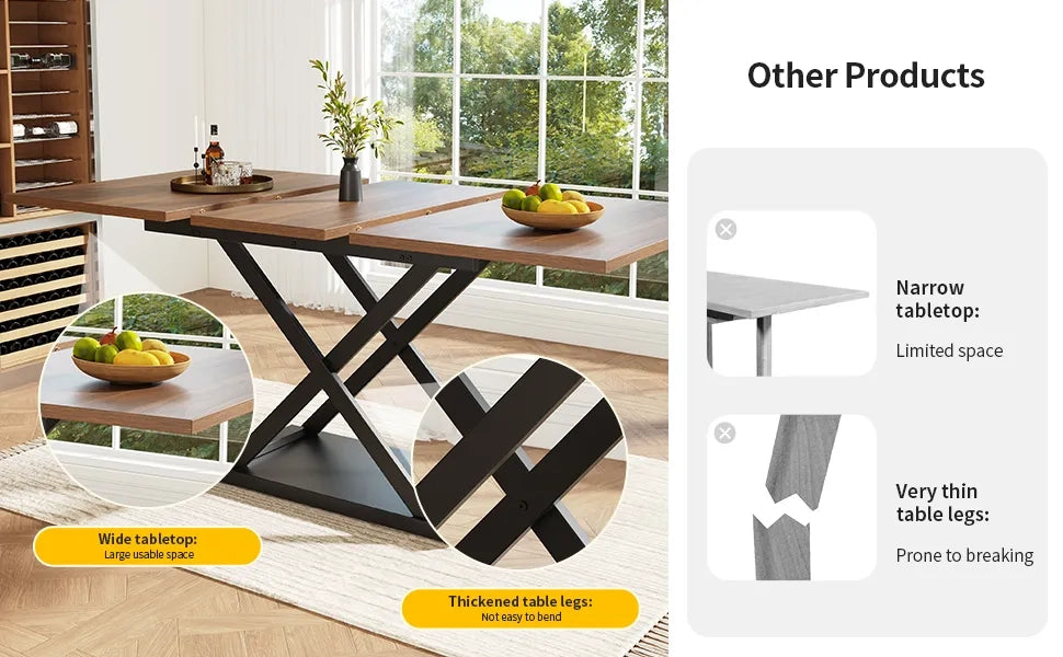 Tavolo da pranzo allungabile telescopico 120-160x80 cm, colore noce, gambe in ferro nero incrociate, salvaspazio per cucina e soggiorno