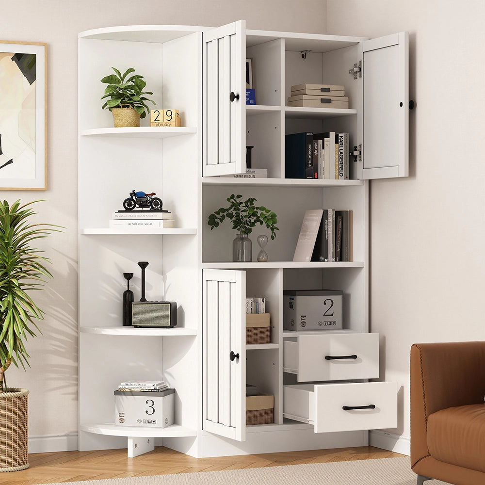 Credenza Angolare Vetrina 104x35x155cm - Xylo - 3 Ante e 2 Cassetti, Bianco