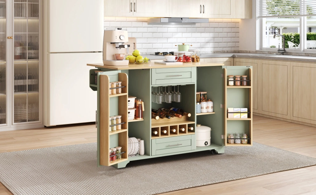 Carrello da cucina con piano ribaltabile, isola su ruote con portabottiglie, bicchieri, spezie e asciugamani, 120x45/70x92 cm, verde