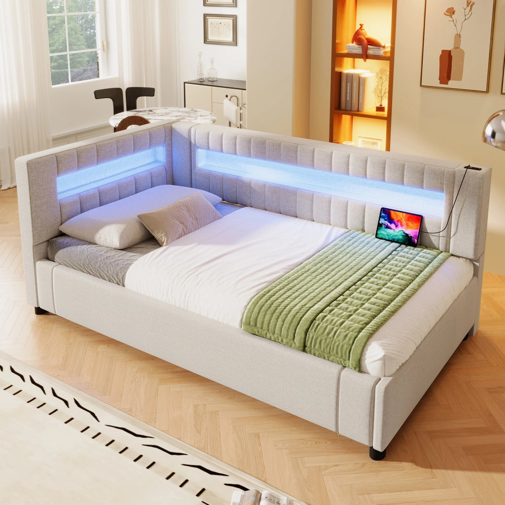 Letto divano 90x200 cm con contenitore con contenitore idraulico; LED; luce ai piedi; USB e Type-C; lino; beige