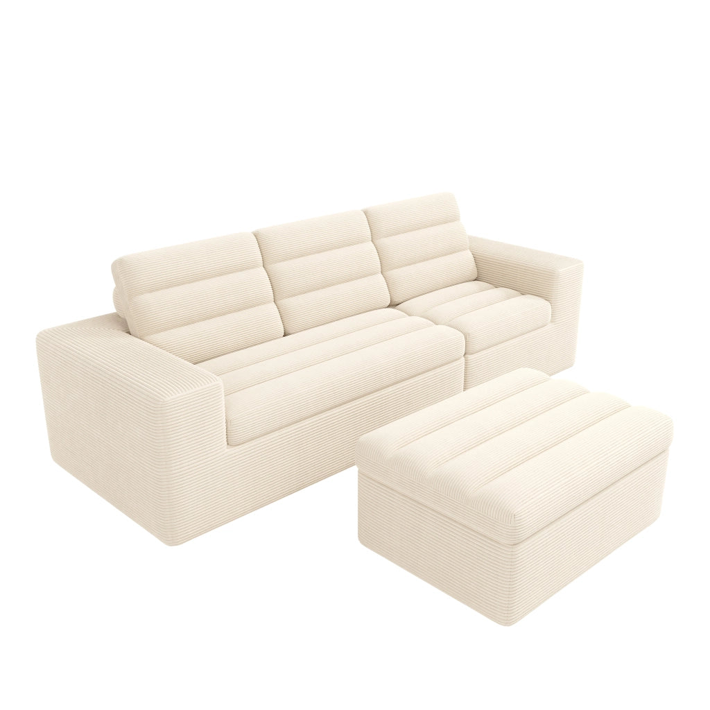 Divano angolare modulare 4-5 posti con pouf in velluto a coste beige