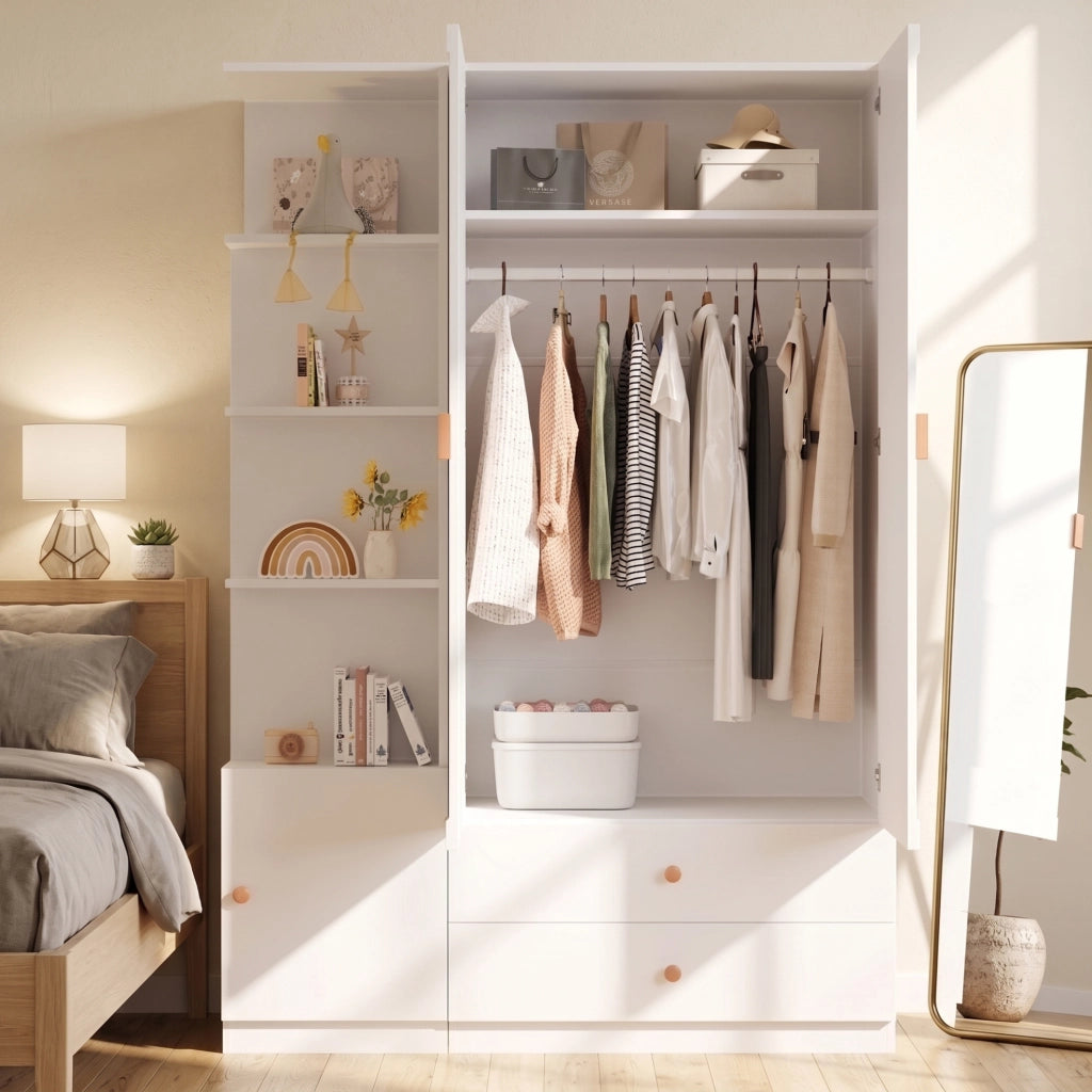 Armadio guardaroba 135x45x200 cm con 2 appendiabiti e 2 cassetti bianco HOMVRA