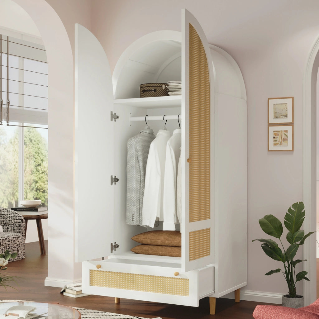 Armadio con ante; asta appendiabiti e 1 cassetto; design ad arco; per camera e ingresso; in MDF bianco; 80 × 50 × 180 cm