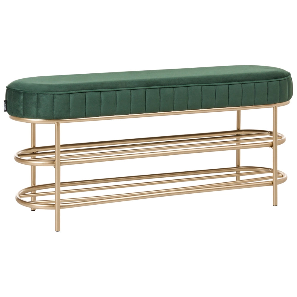 Panca in velluto con contenitore per scarpe e 2 ripiani verde smeraldo stile glamour elegante