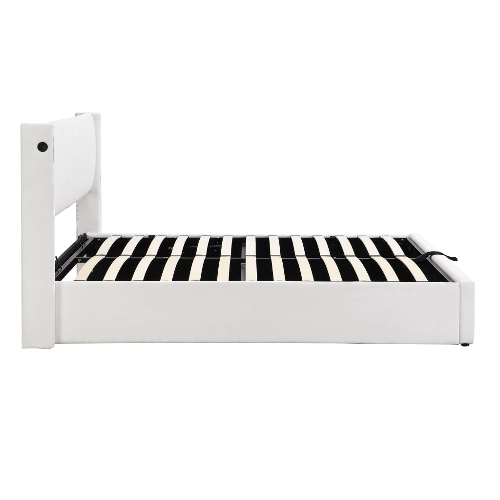 Letto imbottito LED 160x200 cm con contenitore, schienale regolabile, USB ricaricabile e rivestimento in PU bianco