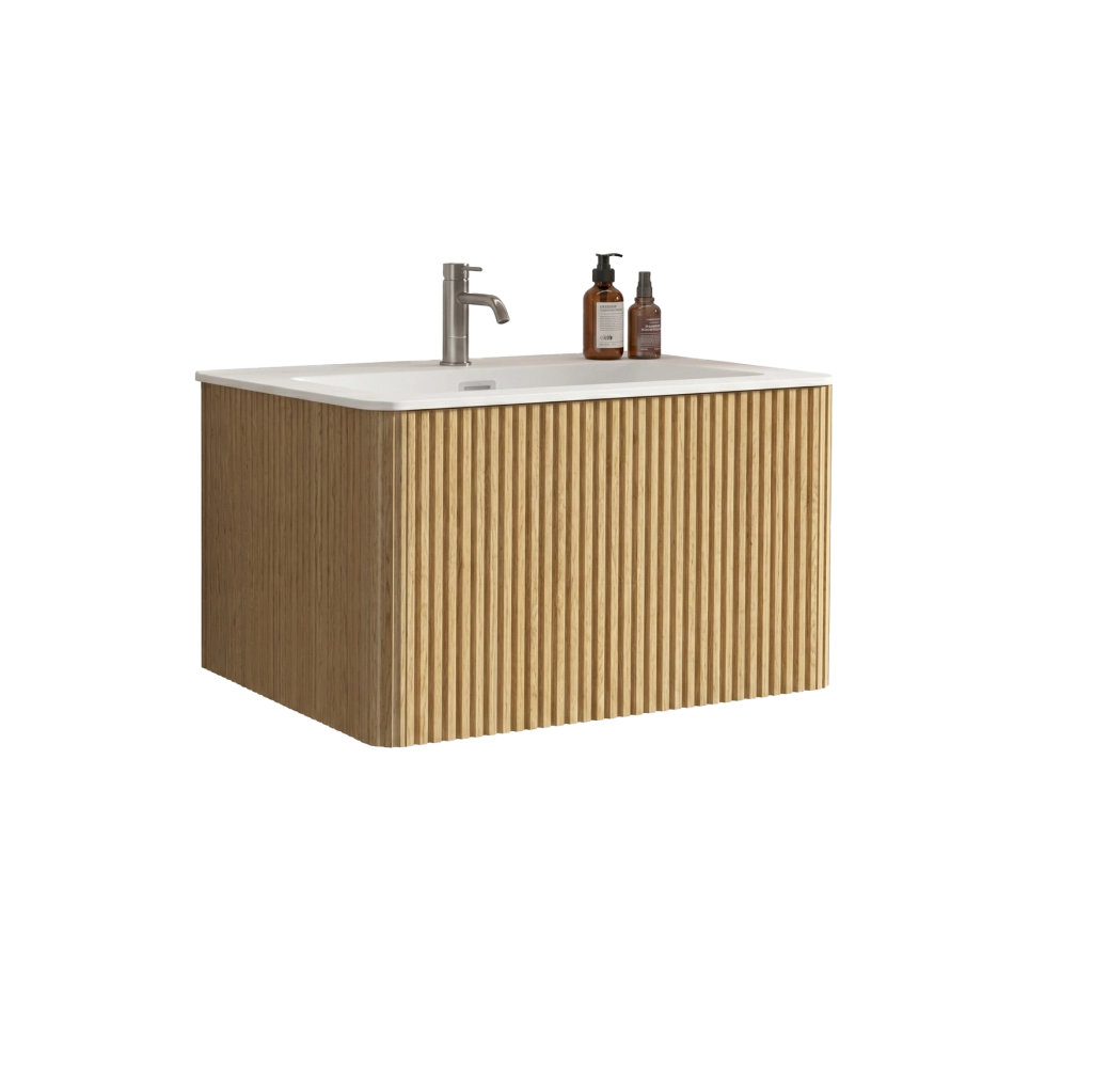 Mobile sottolavabo ULEVR 80 cm con lavabo in solid surface, cassetti push-to-open e finitura rovere