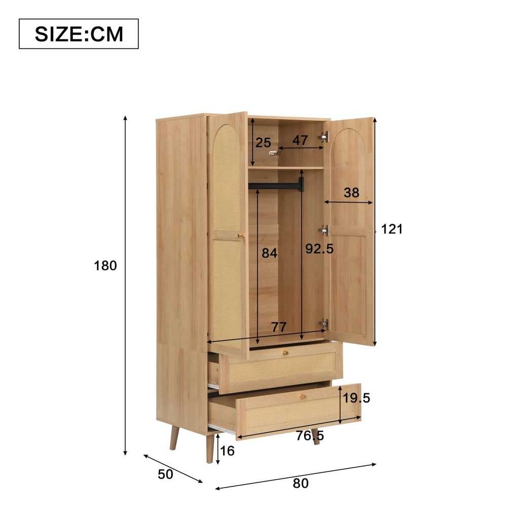 Armadio con 2 ante, appendiabiti, ripiani e 2 cassetti per camera, in MDF naturale, 80 × 50 × 180 cm