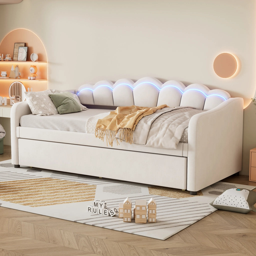 OKWISH Letto a Divano 90×200 cm, Letto Singolo con Letto Estraibile, LED Regolabile e Telecomando, senza Materasso, Velluto, Beige