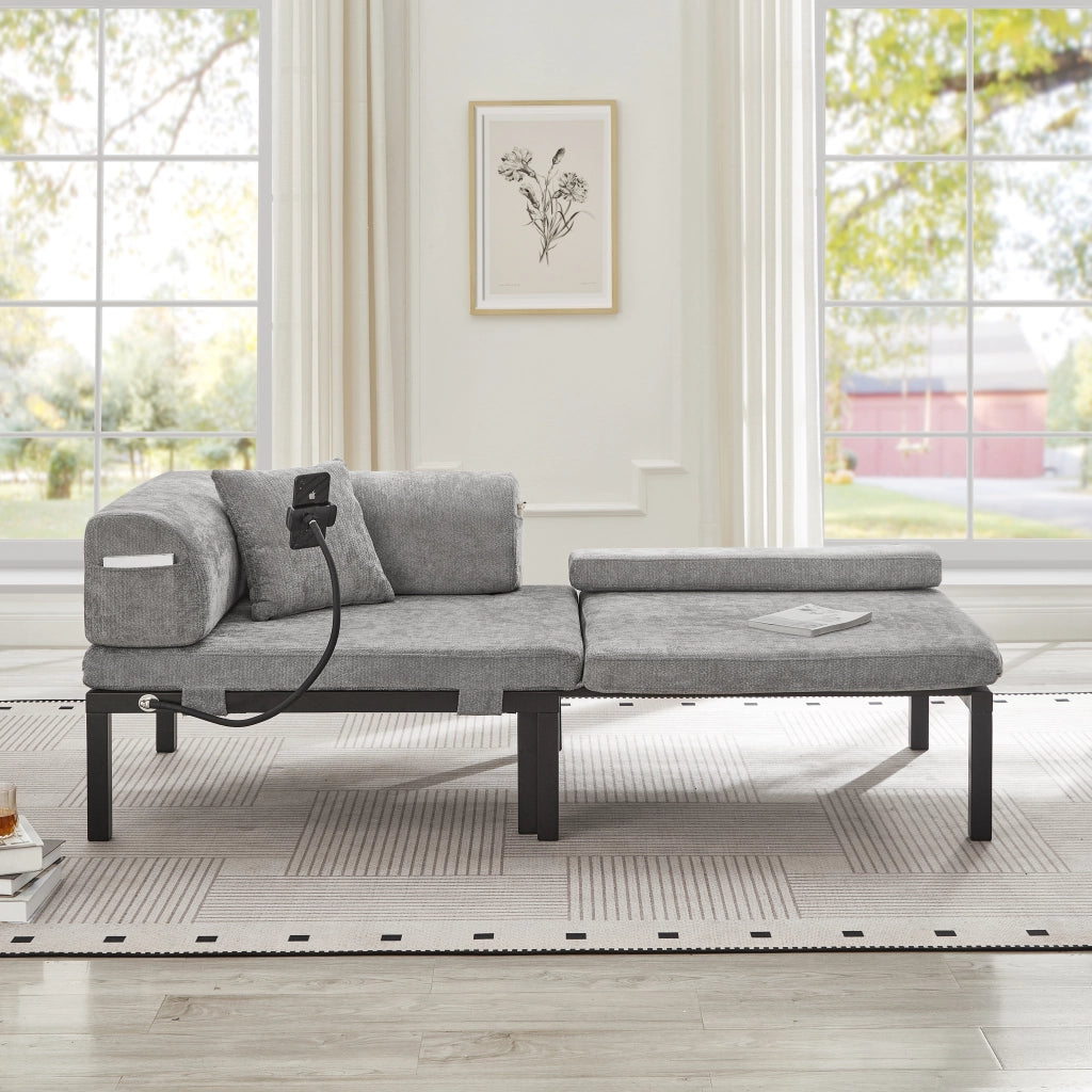 Divano letto estraibile singolo pieghevole con struttura in legno rivestito in velluto grigio chiaro