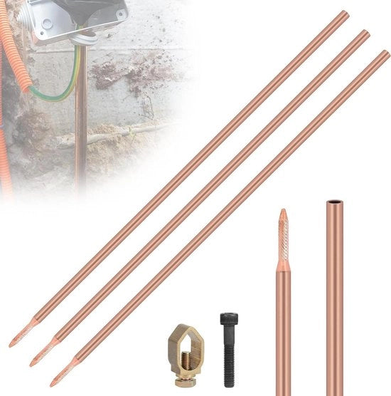 Set di clip per terra 3 pezzi 1m con diametro 17,2 mm per gronda a terra - acciaio di carbonio con rivestimento di rame - inclusi clip e viti di fissaggio (totale 3m)