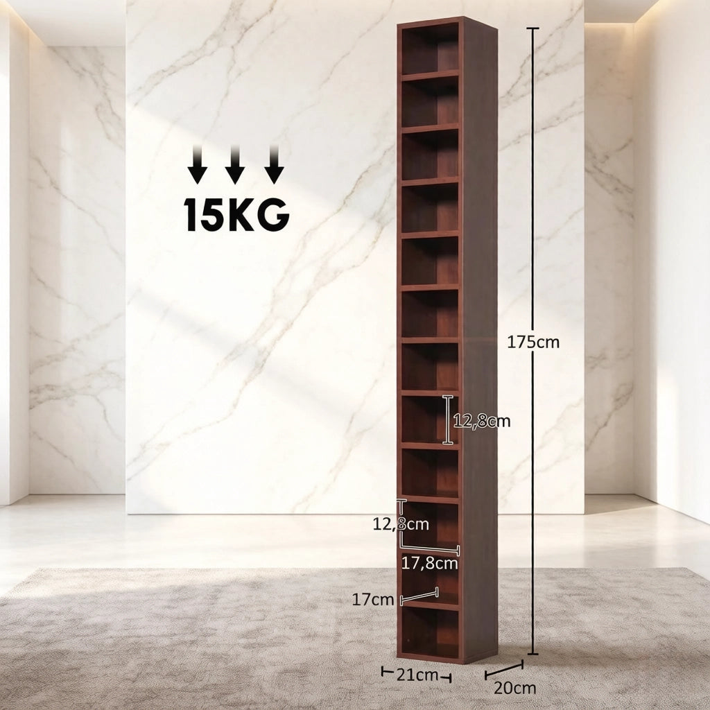 Scaffalatura porta CD a 12 livelli in MDF e truciolare marrone con sistema antiribaltamento 21 × 20 × 175 cm