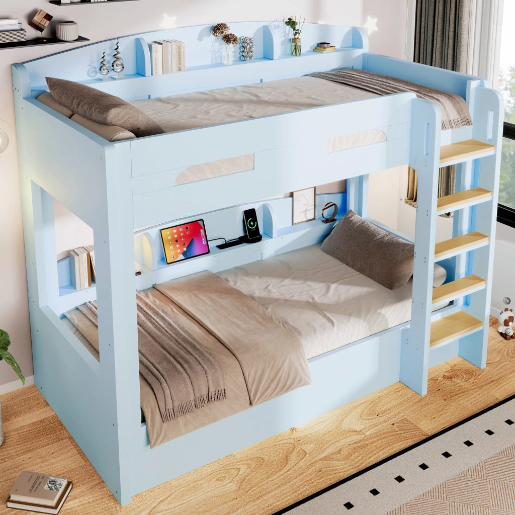 Letto a castello due posti 90 × 200 cm con presa USB e ripiani laterali in legno e MDF blu