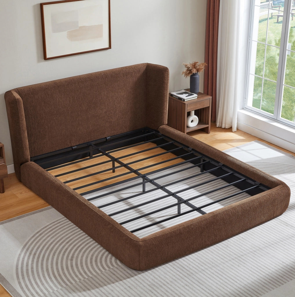Letto Matrimoniale 160 x 200 cm con Testiera Imbottita e Telaio in Acciaio Marrone - Materasso non Incluso