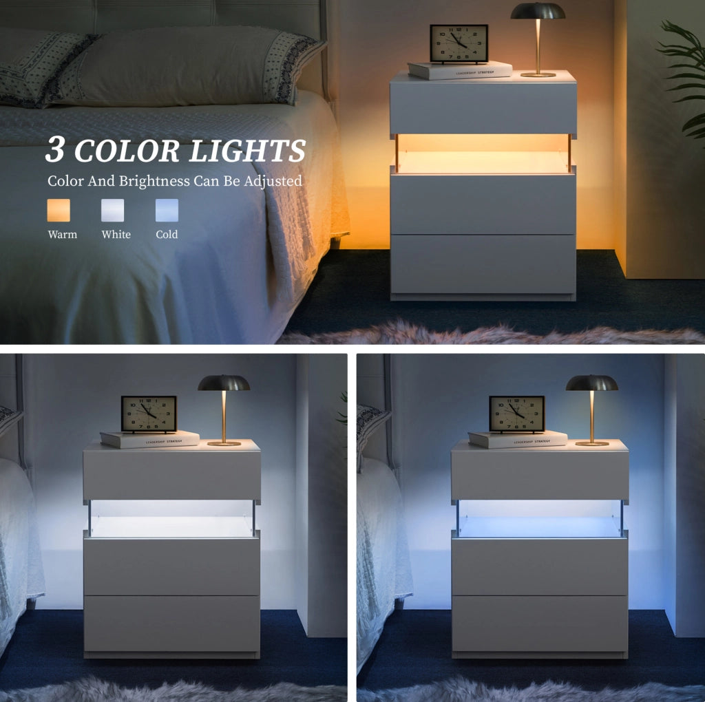 Comodino con 3 cassetti LED con pannello acrilico bianco per camera da letto e soggiorno