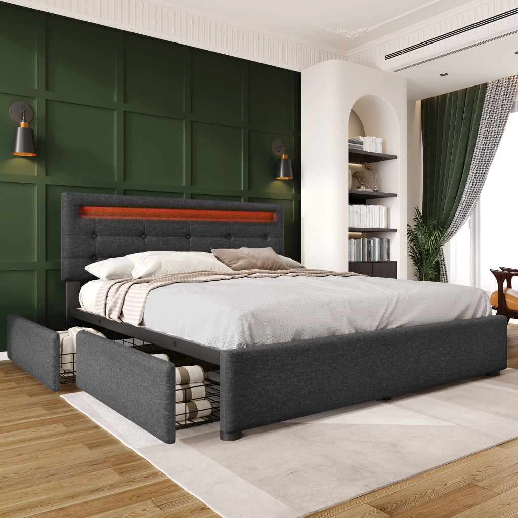 Letto matrimoniale imbottito 140x200 cm con 4 cassetti; LED; testiera regolabile e rete a doghe in legno; grigio
