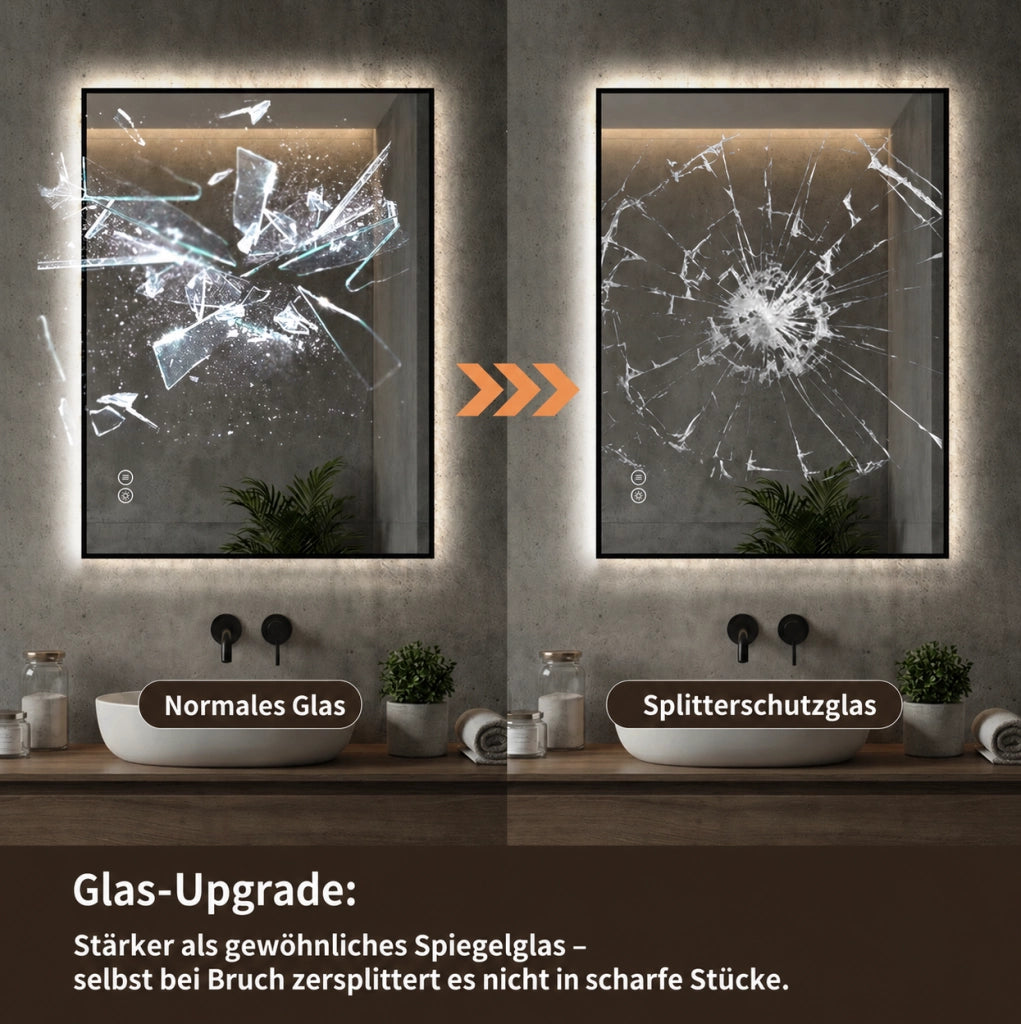 Specchio da bagno LED 70x90 cm con cornice in alluminio, retroilluminato, antifoschia, 3 tonalità di luce e dimmer regolabile, specchio argento senza rame 5 mm