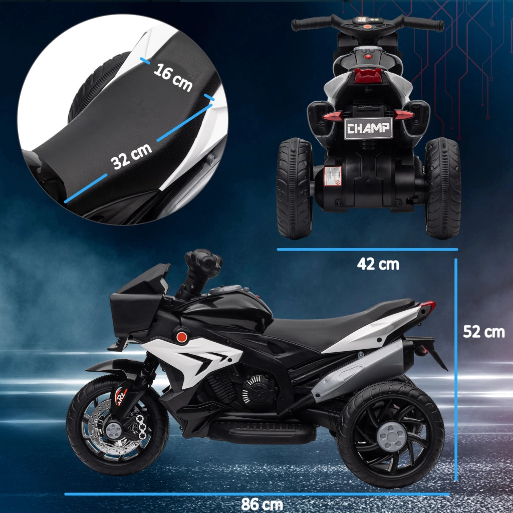 Moto Elettrica per Bambini 3-5 Anni 86x42x52 cm con 3 Ruote Luci e Suoni Batteria 6V Nero