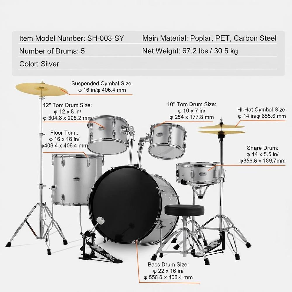 Kit Batteria Bambini Principianti 5 Pezzi Basso Tom Rullante Trono Piatto Pedale Hi-Hat Bacchette 558.8 mm Argento