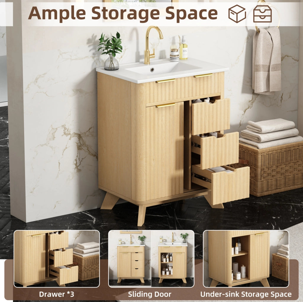 Mobile bagno 61 cm con effetto onde in legno naturale, 3 cassetti estraibili e anta scorrevole con ripiano, lavabo in ceramica incluso
