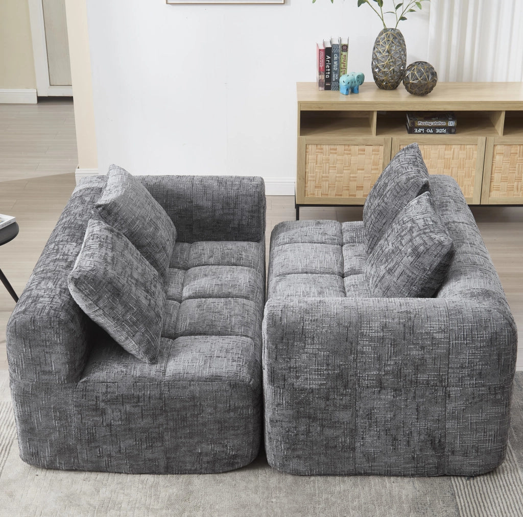 Divano per 2 persone con chaise lounge, tessuto chenille grigio, cuscino incluso e tasche laterali