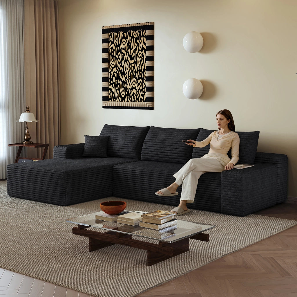 Divano modulare angolare boneless 270 cm con chaise longue a L in velluto a coste nero, senza montaggio
