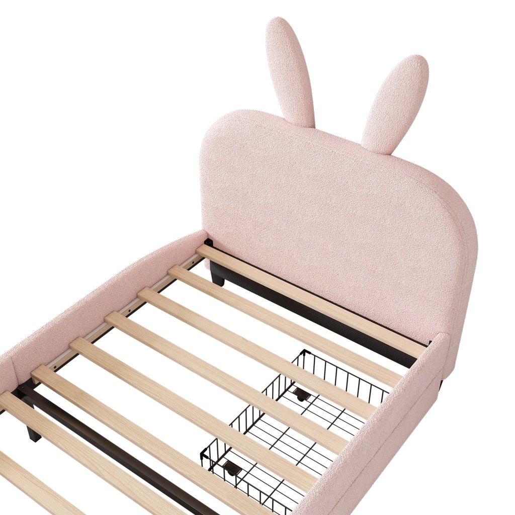 Letto 90x200 cm con testiera a coniglio e 2 cassetti in peluche rosa