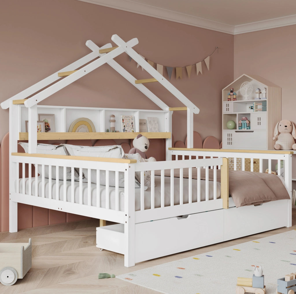 Letto per bambini 140x200 cm con tetto e 2 cassetti