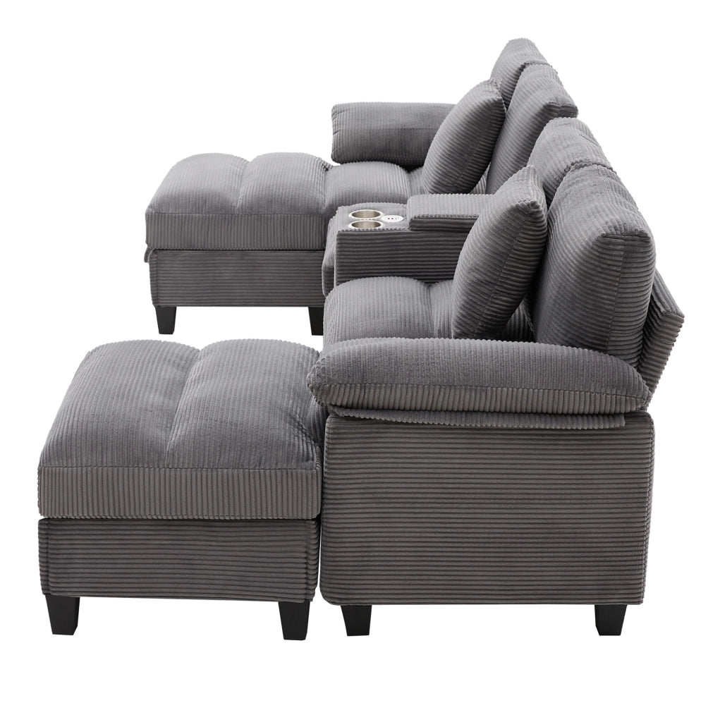 Divano modulare a U 4-5 posti 293x142x93 cm in velluto a coste grigio con contenitore; USB e portabicchieri HOMVRA